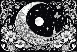 moon with daisy's, lily’s, crystals, and mushrooms tattoo idea