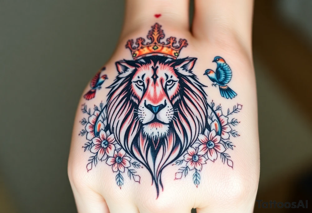 powerful majestic lion with a crown, surrounded by floral ornaments and birds tattoo idea