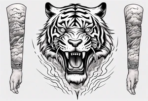 A thundergod tiger forearm tattoo, with lightning and clouds filling the area tattoo idea
