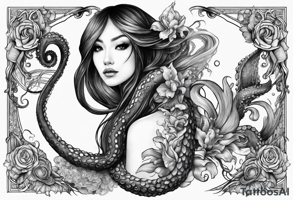 Lower leg sleeve. Large blue ring octopus holding mermaid tattoo idea