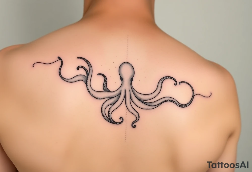 Delicate, abstract linework tattoo flowing, in a fine-line minimal style. The composition mimics ink or oil floating in water, with smooth organic curves and swirls. Hidden within the pattern is a subtle silhouette or suggestion of an octopus – its tentacles seamlessly integrated into the flowing design, almost like a mirage. The tattoo should have the feel of liquid movement, like gasoline on water, iridescent and ethereal, but rendered in clean black ink lines. Artistic and modern, feminine and elegant, non-literal. Inspired by contemporary abstract tattoo artists like Pis Saro and Balazs Bercsenyi.psychedelic dotwork sacred geometry sleeve tattoo idea