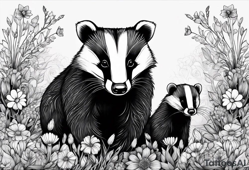 A badger with a cub in a field of flowers, realistic in center and getting more trippy towards the edges tattoo idea