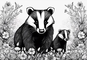 A badger with a cub in a field of flowers, realistic in center and getting more trippy towards the edges tattoo idea