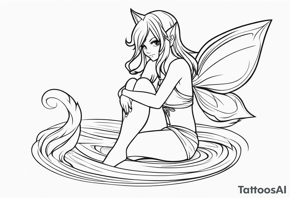 A fairy with a tail inspired by the logo of the show called Fairy Tail in a fetal position leaning in tattoo idea