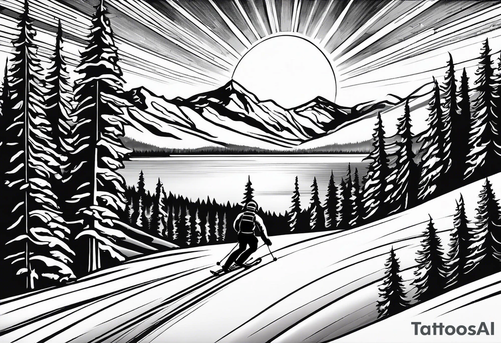 snow skier coming down mountain in distance with large trees and big bright sun with lake at the bottom tattoo idea