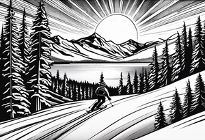 snow skier coming down mountain in distance with large trees and big bright sun with lake at the bottom tattoo idea