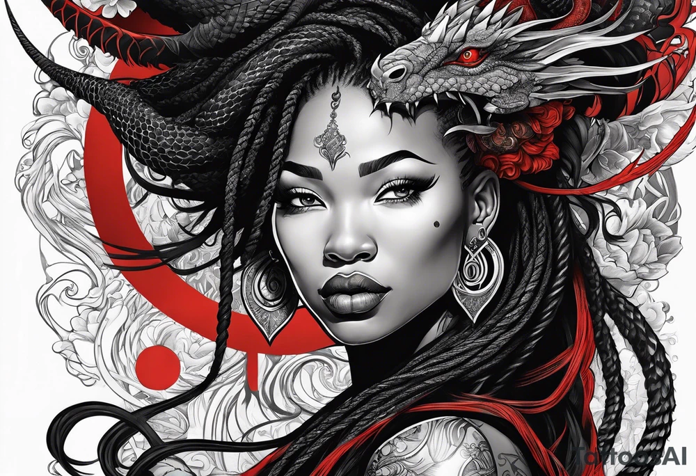 Red dragon wrapping around black woman with dreadlocks tattoo idea
