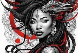 Red dragon wrapping around black woman with dreadlocks tattoo idea