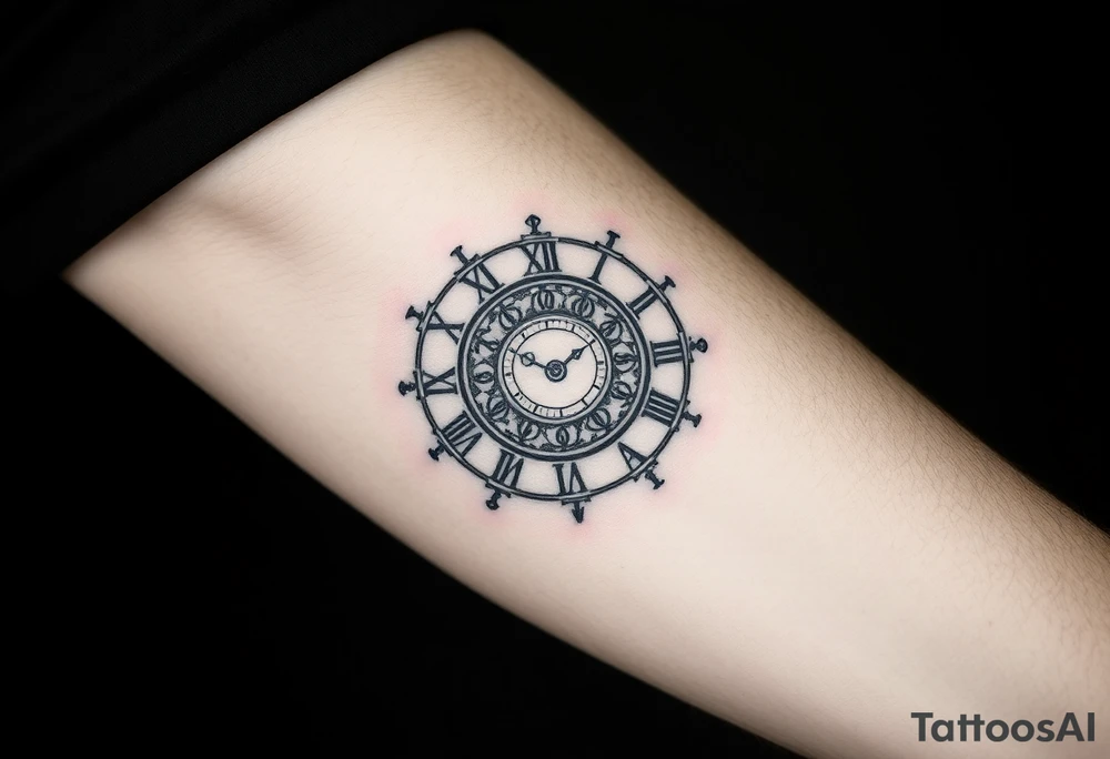 vintage roman numerals within ornate clockwork mechanism tattoo idea