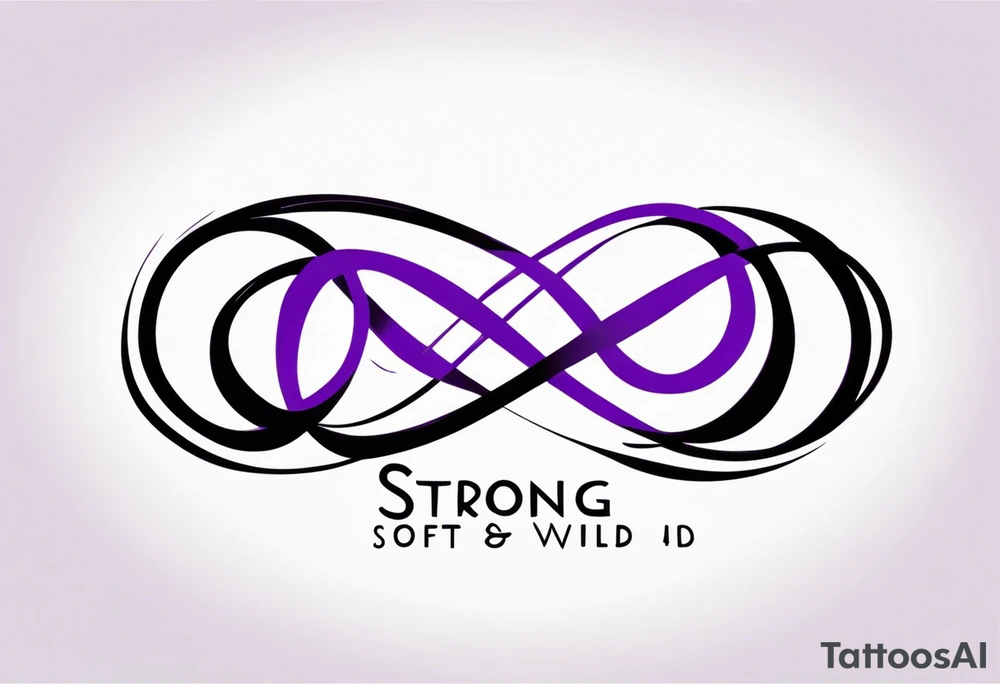 text “Strong. Soft. Wild.”, infinity symbol, 4 kids, purple tattoo idea