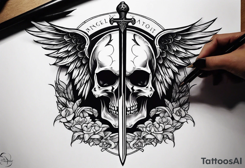 In the center is a skull pierced by a large sword. On either side of the skull, there are spread angel wings, creating an impression of protection and majesty. Beneath the skull is a ribbon that weaves through both the skull and the sword tattoo idea