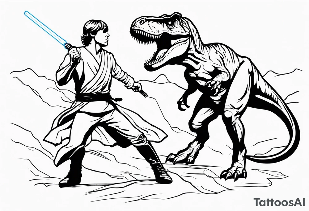 Luke Skywalker and a T-Rex fighting each other with lightsabers tattoo idea