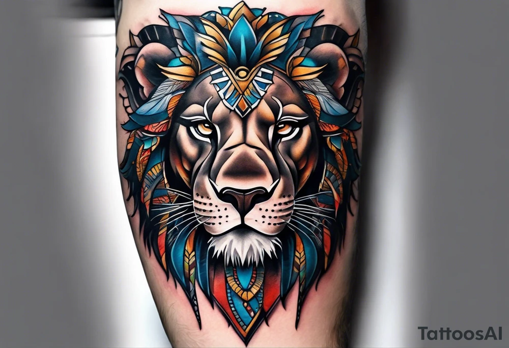 Forearm tattoo of a African warrior with a lion tattoo idea
