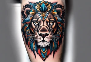 Forearm tattoo of a African warrior with a lion tattoo idea