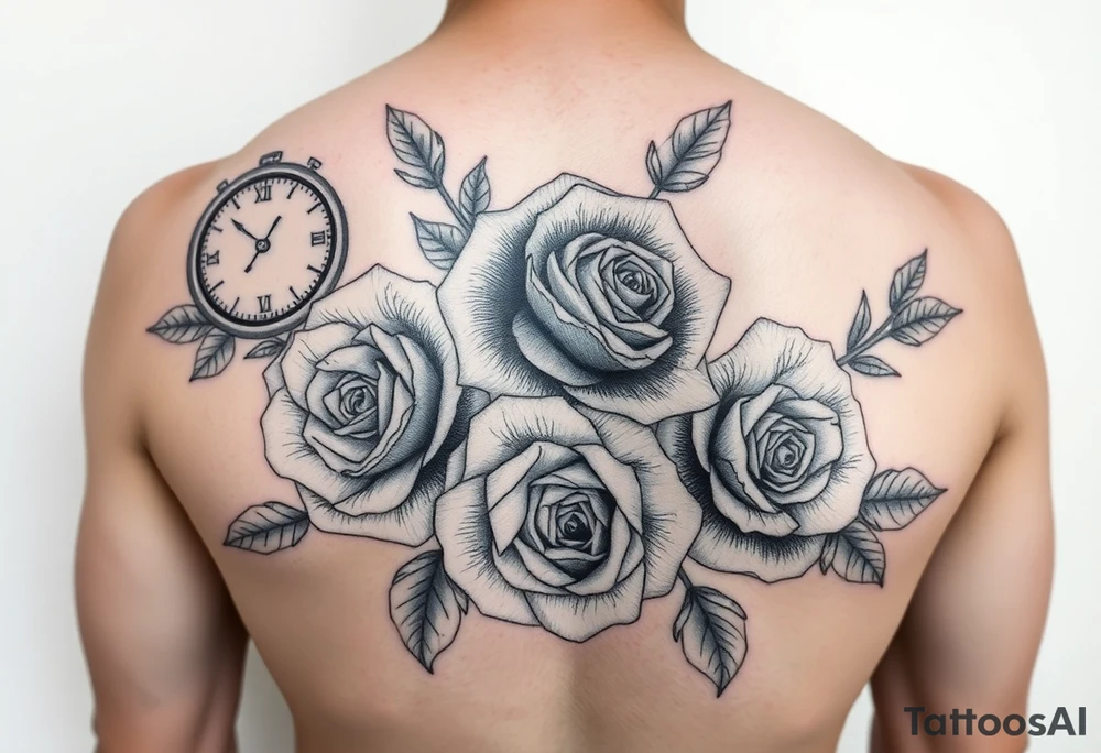 Different time pieces with different times showing and for the filler something that compliment roses for males tattoo idea