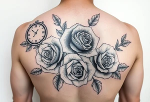 Different time pieces with different times showing and for the filler something that compliment roses for males tattoo idea