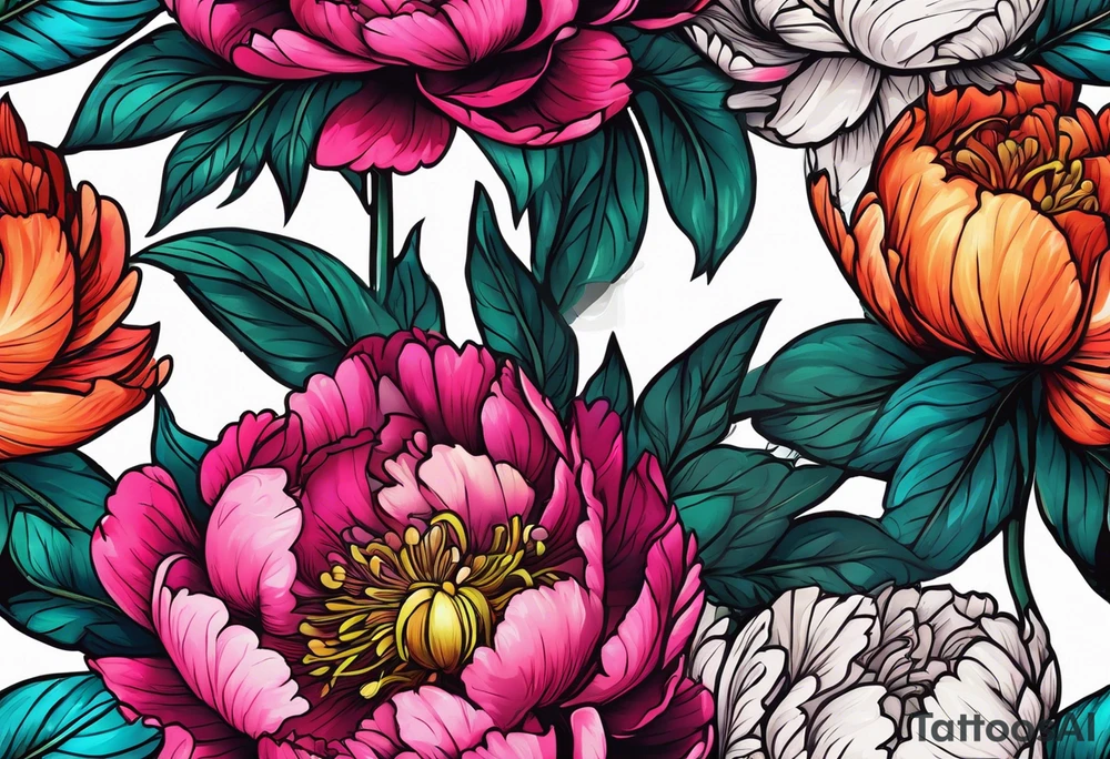beautiful. colorful, neon, multicolored peony, white background, highly detailed, new school, new school style, street style, streetwear, urban wear tattoo idea