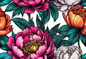 beautiful. colorful, neon, multicolored peony, white background, highly detailed, new school, new school style, street style, streetwear, urban wear tattoo idea