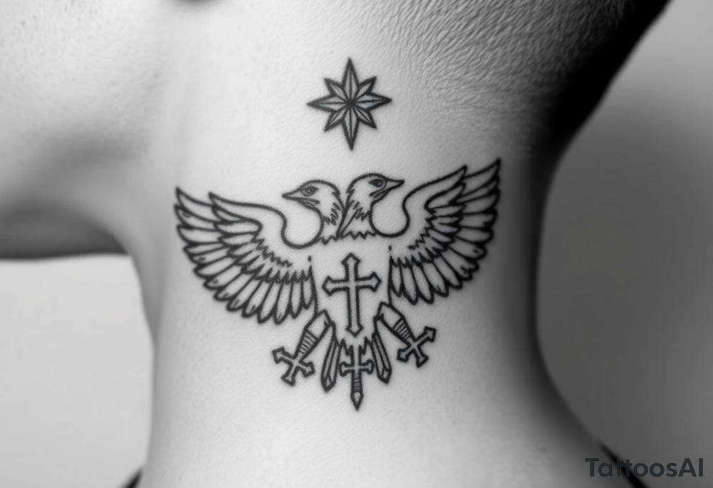 Double-headed eagle outline only (no shading) — suits neck skin which ages differently
Star above, small orthodox cross below tattoo idea
