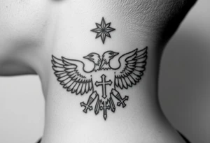 Double-headed eagle outline only (no shading) — suits neck skin which ages differently
Star above, small orthodox cross below tattoo idea