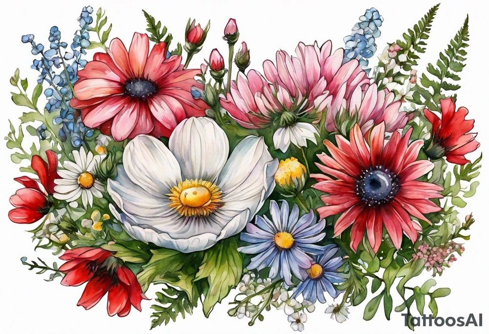 an oval of wildflowers cascading with thistles, ferns, white anemones, sun flowers, buttercups, pink flowers, red flowers, babys breath and daisies all in watercolor tattoo idea