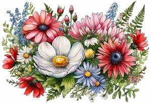 an oval of wildflowers cascading with thistles, ferns, white anemones, sun flowers, buttercups, pink flowers, red flowers, babys breath and daisies all in watercolor tattoo idea