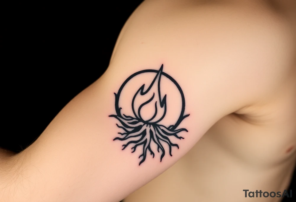 a round flame imprisoned in a roots circle tattoo idea
