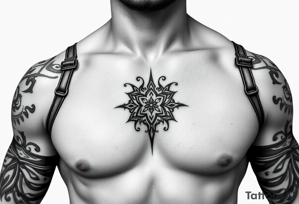 straps around arms and shouldrs with tribal design tattoo idea