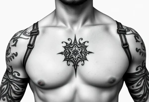 straps around arms and shouldrs with tribal design tattoo idea