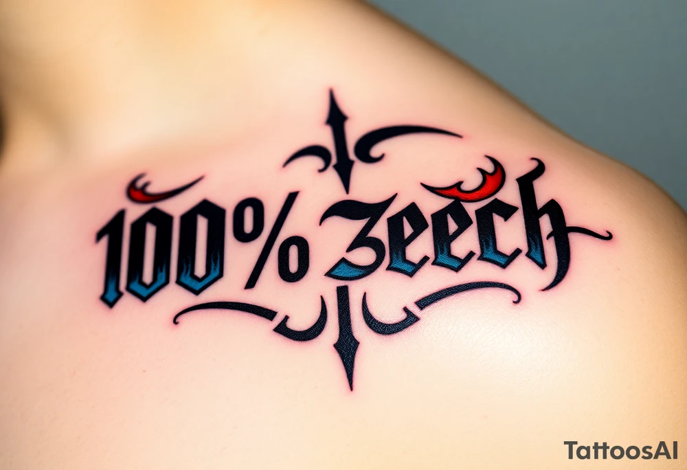 "100% Čech" in bold Gothic script, infused with dynamic blue and red flame details tattoo idea