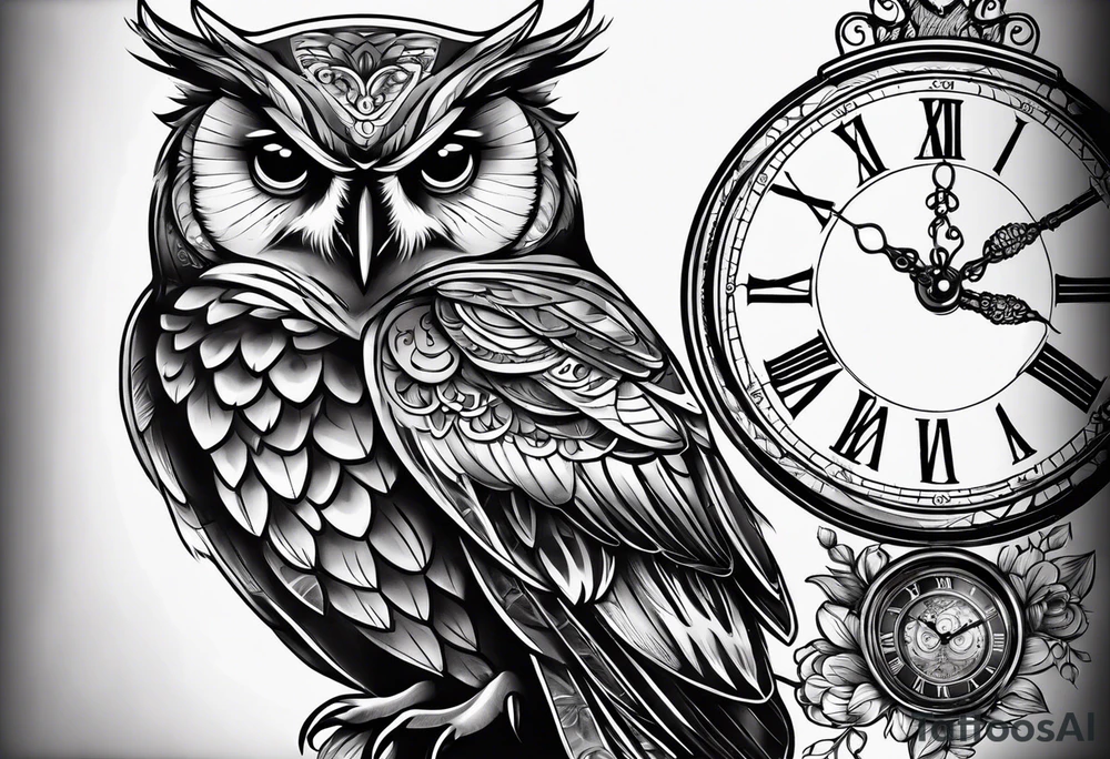 Mother and baby owl with clock tattoo idea