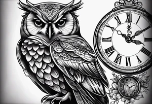 Mother and baby owl with clock tattoo idea