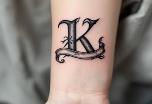 Old English K in matte black, resting on a scroll banner with gray shading, reminiscent of medieval heraldry. tattoo idea
