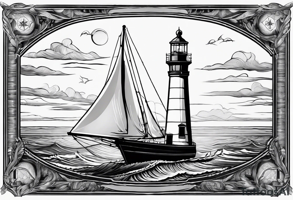 maritime lighthouse in a front view sailboat serving as a mast for a sail. tattoo idea