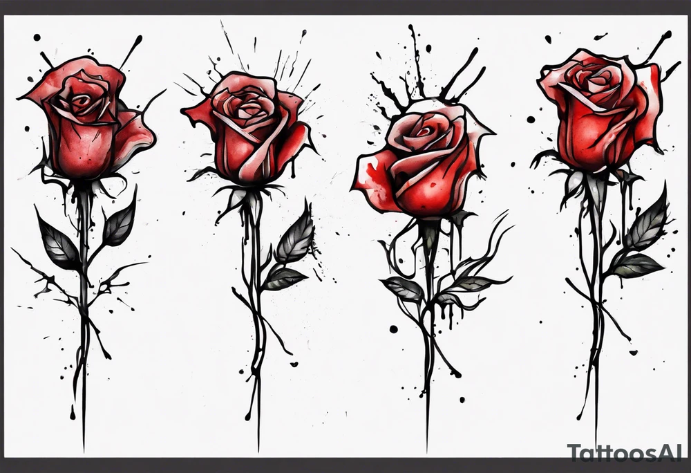 rose flower, one line, red blood dripping from the flower, tall, watercolor, with a Christian cross wrapped up by the stem tattoo idea