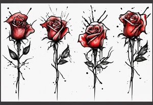 rose flower, one line, red blood dripping from the flower, tall, watercolor, with a Christian cross wrapped up by the stem tattoo idea