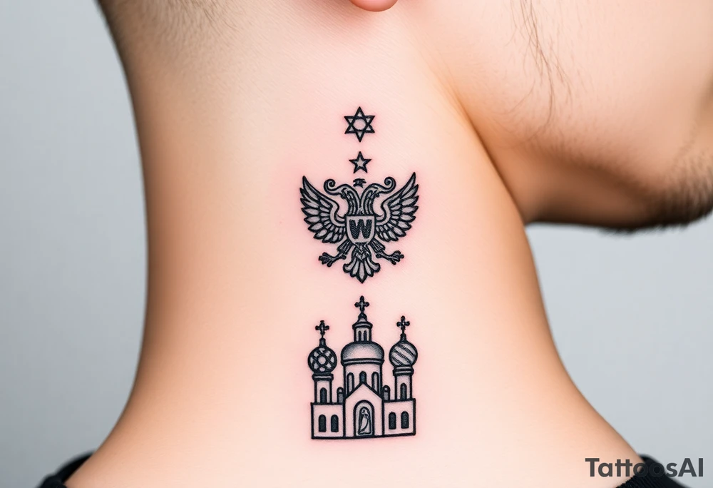 Stacked Vertical Column 

Russian star — small, bold
Middle: Miniature double-headed eagle — simplified, cleaner lines to suit the smaller space
Bottom: Orthodox church dome(s) with a small Virgin Mary silhouette beneath tattoo idea