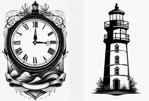 minimalist "open book" with a lighthouse in the middle and a clock tattoo idea
