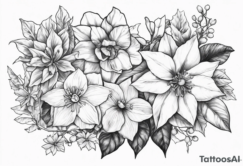 Narcissus, Poinsettia, Holly, Gladiolus, Poppy, Daisy, Sweet Pea tattoo idea