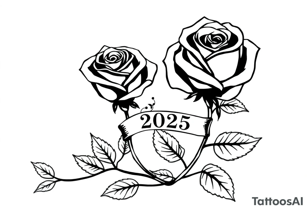 two beautiful large rose buds, one larger than the other, with many leaves next to the rose buds, with one sitting higher than the other. Include a banner connecting the two roses with the year "2025" on it.   Use dark outlines with little shading. The two stems should be short, not long, and connect and join into one stem, whimsically curved or twisted - not straight down. tattoo idea