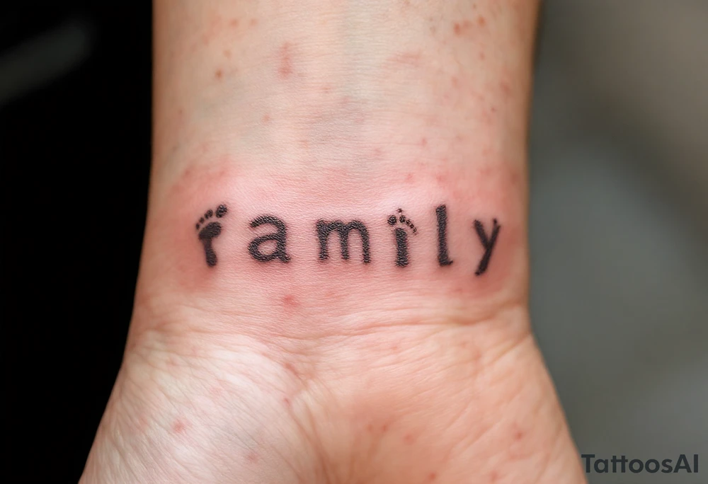 The word family beneath a row of tiny matching footprints in soft earth tones. tattoo idea