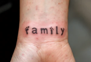 The word family beneath a row of tiny matching footprints in soft earth tones. tattoo idea