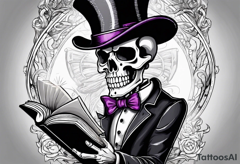 skeleton wearing a top hat holding a holy bible tattoo idea