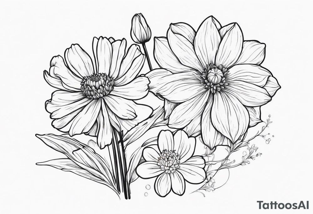 Narcissus, Chrysanthemum, Cosmos, snow drop that shows all the flower stems for the back of the arm. Fine line tattoo idea