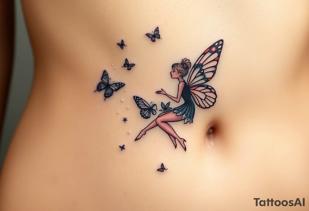 Small butterflies with sparkles falling as they surround a beautiful fairy with a young fairy staying close to to the other fairy with the butterflies looking to play tattoo idea