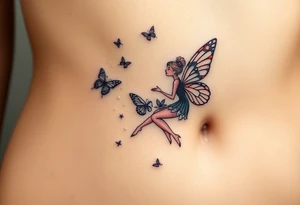 Small butterflies with sparkles falling as they surround a beautiful fairy with a young fairy staying close to to the other fairy with the butterflies looking to play tattoo idea