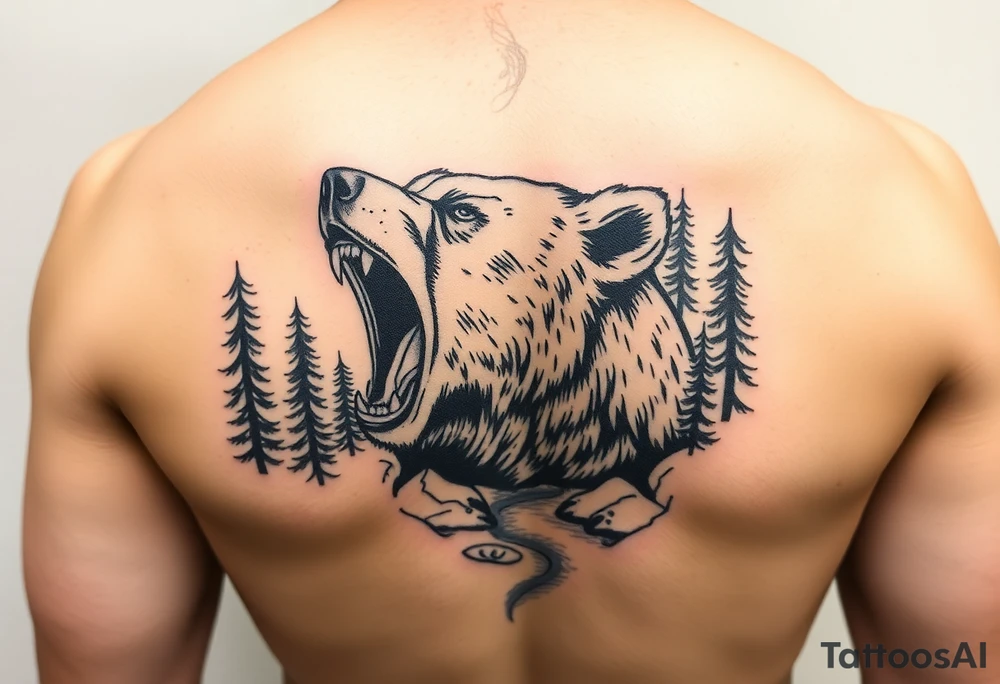 roaring bear,forest,river. tattoo idea