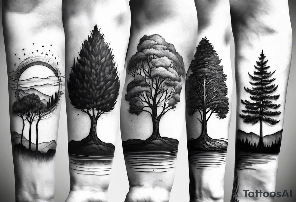 close up line drawing of 5 trees tattoo idea