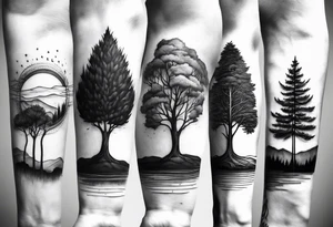 close up line drawing of 5 trees tattoo idea
