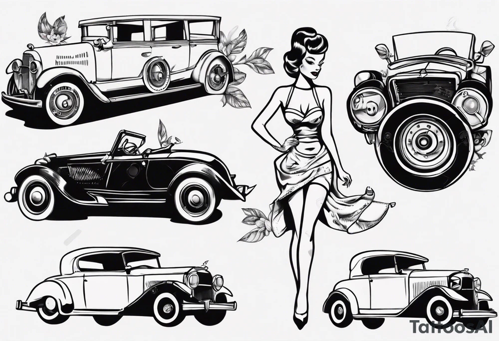 Pinup doll driving an old vintage car tattoo idea